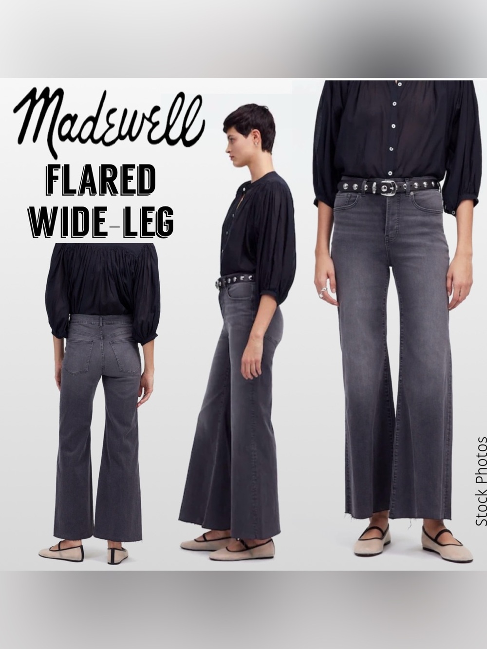 Madewell NT919 Flared Wide-Leg High-Rise Cropped Raw Hem Faded Black (29) - Picture 14 of 16